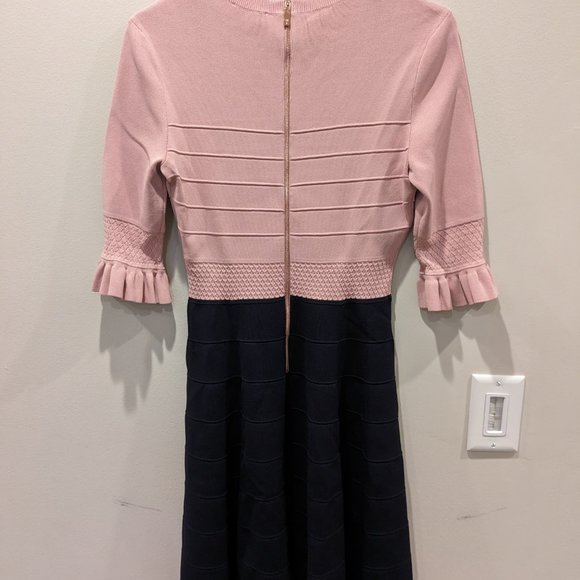 Ted Baker Dyana Frill Knitted Fit & Flare Dress Pink & Navy 2 - Picture 2 of 7